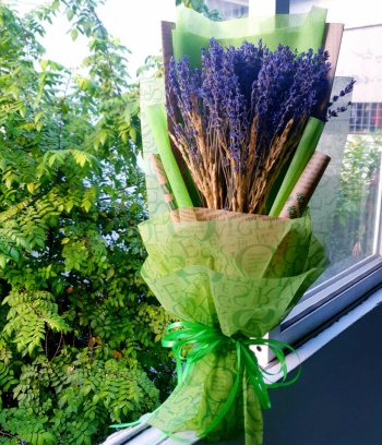 Bó Lavender to giấy xanh kèm lúa mạch